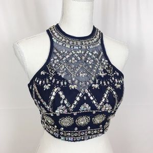 B. DARLIN Bedazzled Halter Top-Navy Blue-Size 1/2